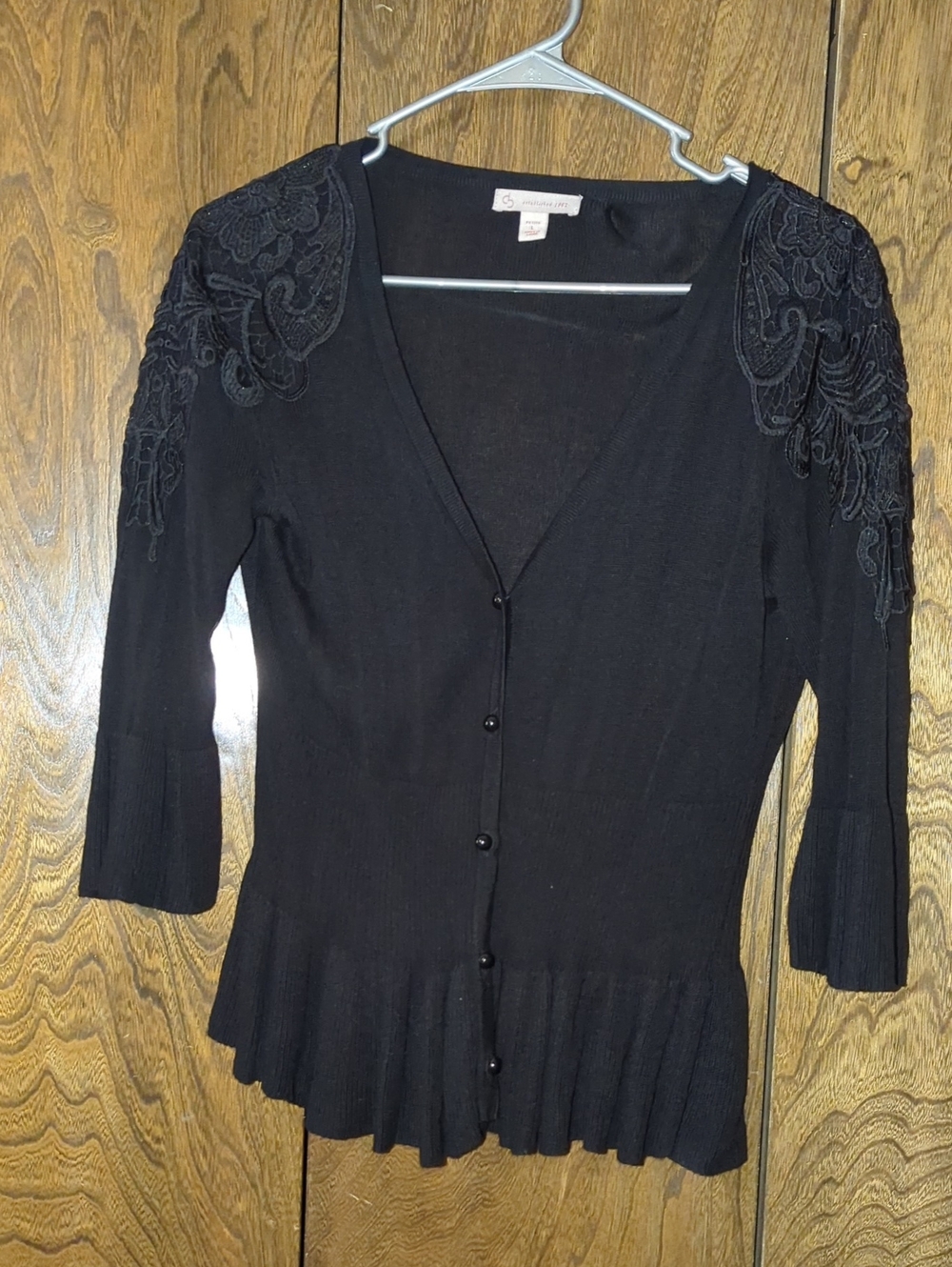 Petite LargeBlack Embroidered Shoulder Button-Front Women’s Cardigan